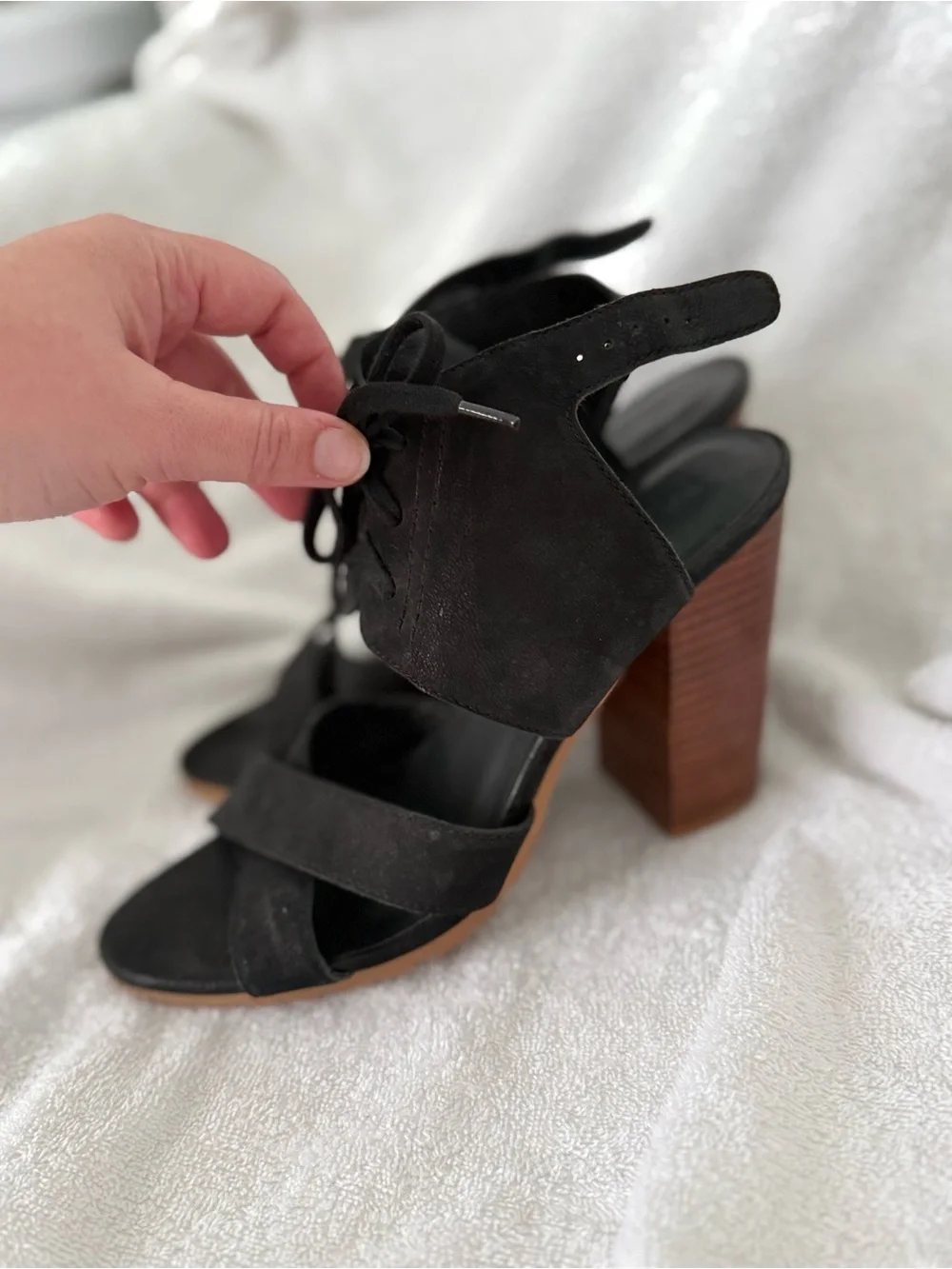 Suede Black Block Heel Lace-Up Sandals